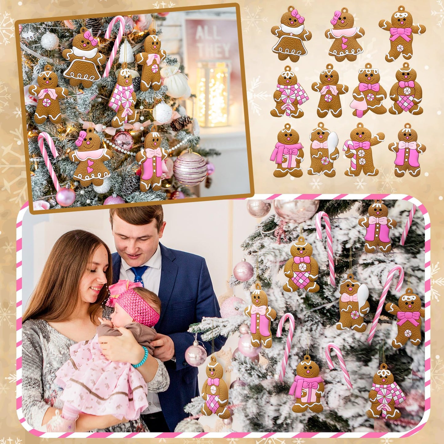 Zhanmai 36 Pcs Gingerbread Man Ornaments for Christmas Tree Hanging Christmas Candy Cane Decorations for Xmas Tree Home Holiday Party Decor (Pink)