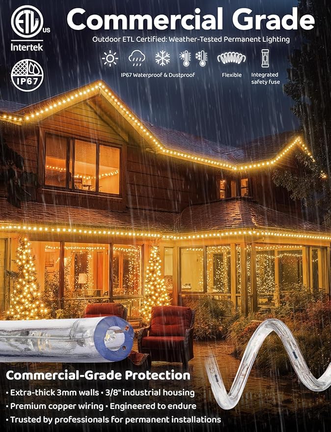 WYZworks 288LEDs 25ft LED Outside Rope Lights, Outdoor ETL Certified Waterproof Permanent 360 Degree Light Emitting, Flexible Tube, Connectable, Christmas Palm Tree Exterior Landscape, Warm White