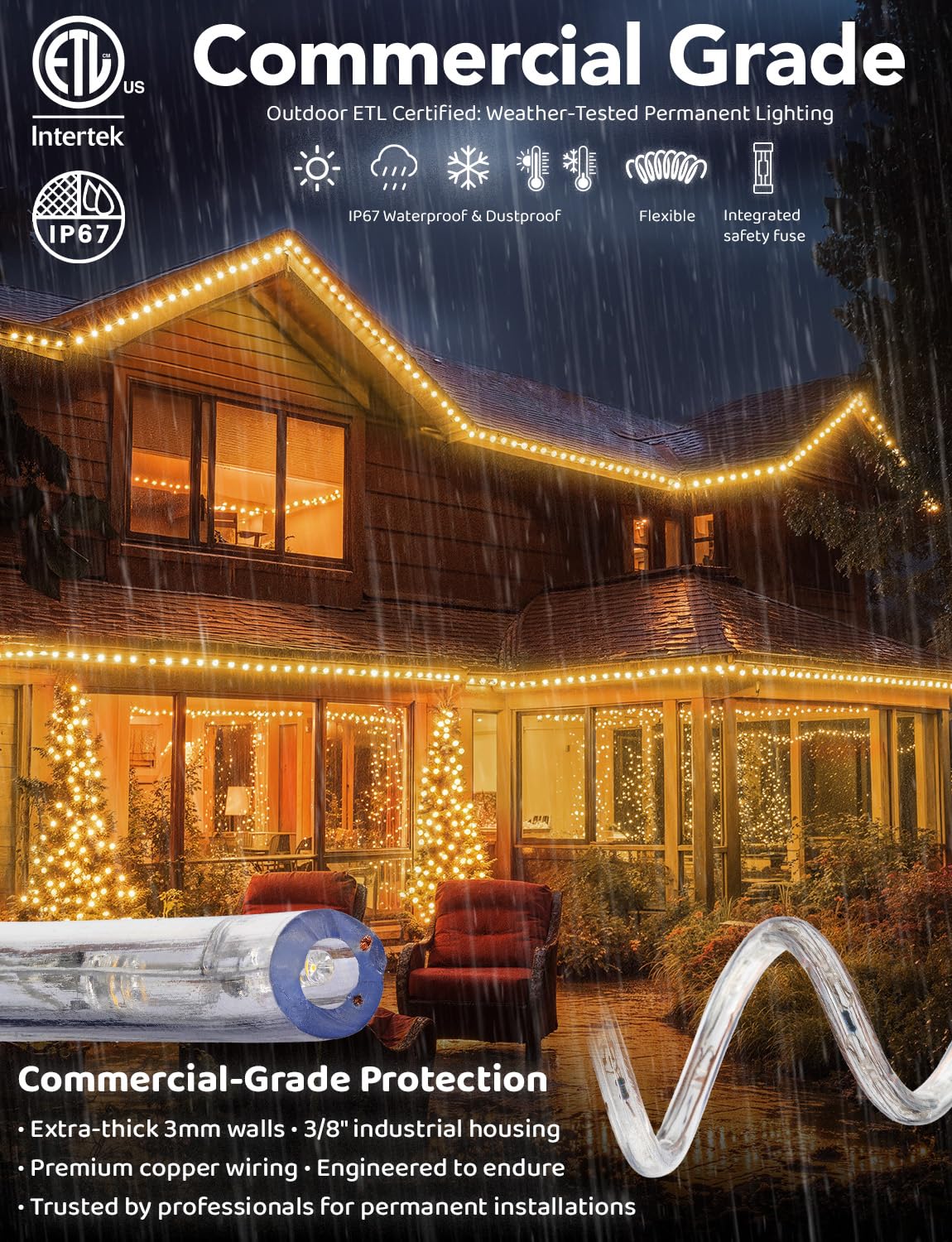 WYZworks 1116LEDs, 100ft LED Outside Rope Lights, Waterproof Permanent Outdoor ETL Certified Connectable Clear Tube, Christmas Palm Tree Holiday Decorative Landscape Patio Accent Lighting - Warm White
