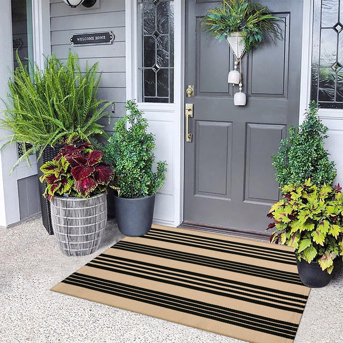 KIMODE Outdoor Rug Spring Decor 27.5"x43", Black and Khaki Striped Front Porch Rugs, Reversible Washable Front Door Mats, Hand Woven Welcome Layered Doormat Entryway Rug for Entrance Farmhouse