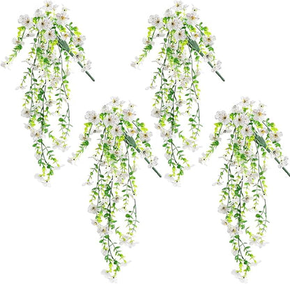 Artificial Fake Hanging Flowers Plants for Outdoor Spring Summer Decoration, 4pcs Faux Silk Realistic UV Sun Resistant Daisy for Outside Porch Patio Window Box Yard Home Decor (White)