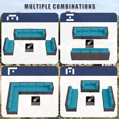 Kurapika 9 Pieces Patio Furniture Set, Rattan Wicker Outdoor Conversation Sets w/4 Inch Cushion and Glass Coffee Table(Blue)