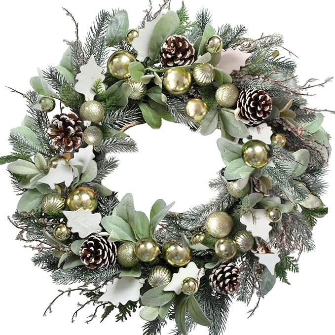 Christmas Wreath for Front Door 24" Green Leaf Wreath for Window Home Porch Farmhouse Garden Indoor Outdoor Decor with Ribbon Bow Flash Ball for All Season