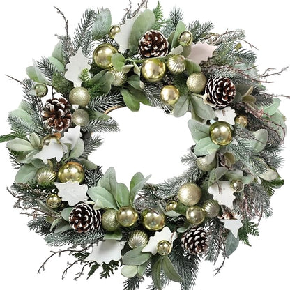 Christmas Wreath for Front Door 24" Green Leaf Wreath for Window Home Porch Farmhouse Garden Indoor Outdoor Decor with Ribbon Bow Flash Ball for All Season