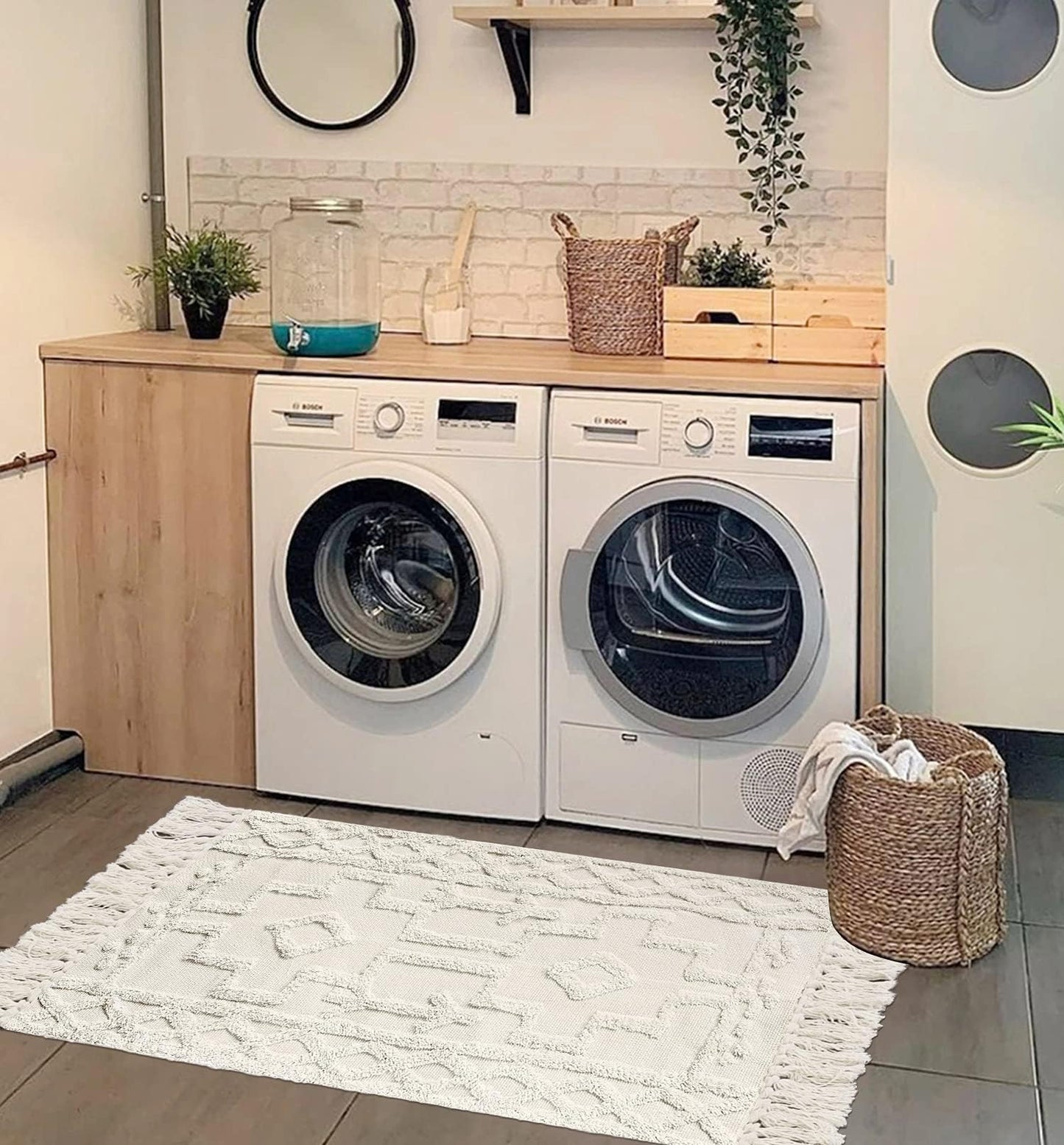 Uphome Boho Bathroom Runner Rug 2' x 4.3', Washable Woven Cotton Bedroom Rug Runners, Beige Aesthetic Tufted Entryway Runner Rugs, Bohemian Tribal Throw Rugs for Bedside Living Room Laundry Kitchen