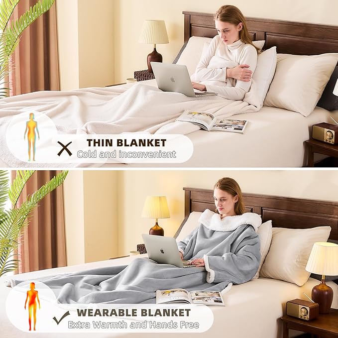 IFNOW Sherpa Wearable Blanket with Sleeves for Women Men Adults, Cozy Wearable Blanket with Arm and Pocket, Warm Full Body TV Wrap Throw Blanket, Soft Robe Blanket as Gifts for Mom Wife, Grey