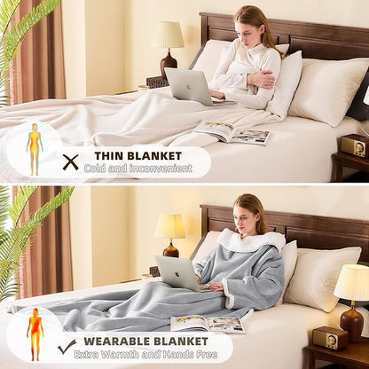 IFNOW Sherpa Wearable Blanket with Sleeves for Women Men Adults, Cozy Wearable Blanket with Arm and Pocket, Warm Full Body TV Wrap Throw Blanket, Soft Robe Blanket as Gifts for Mom Wife, Grey