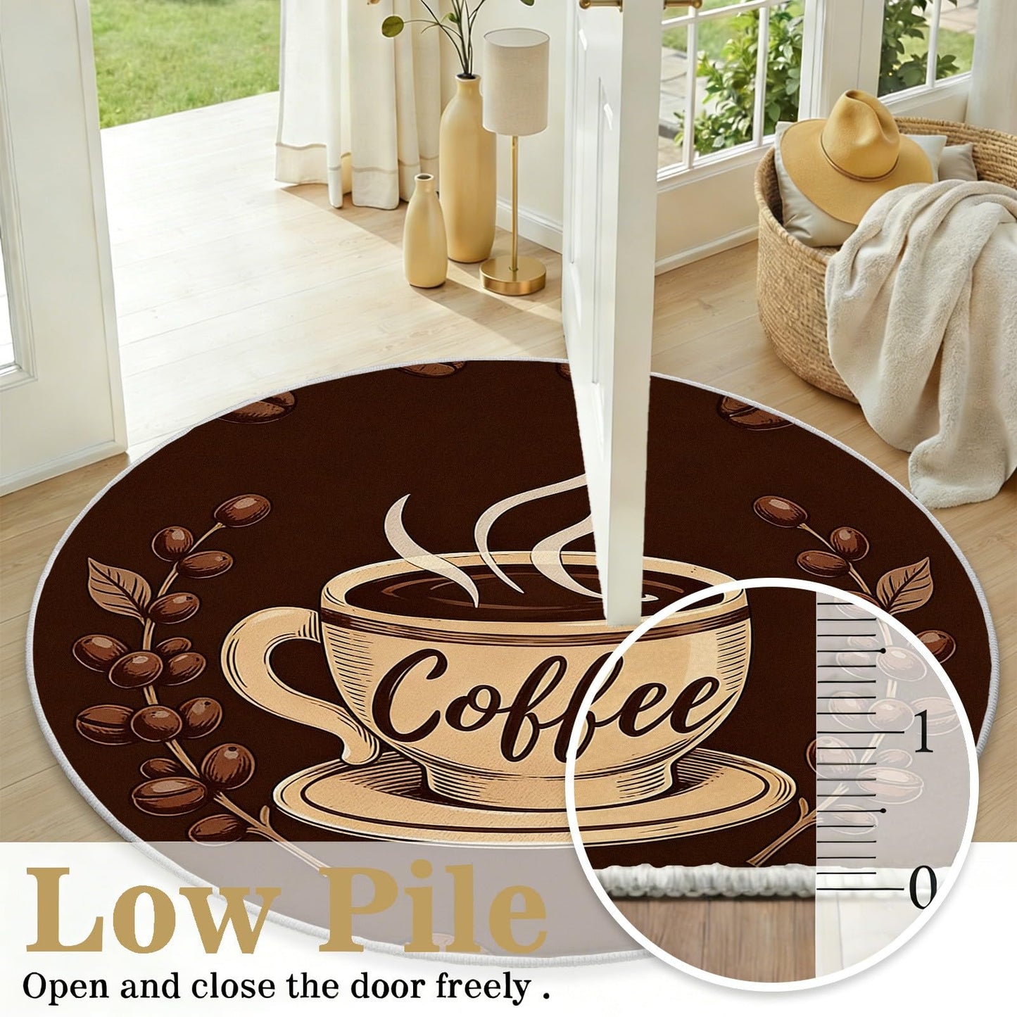 Egljss Round Washable Rugs 6ft, Coffee Cup Circle Area Rug for Bedroom, Coffee Bean Round Carpet for Living Room, Brown Circle Rug Non Slip for Dining Table Kitchen