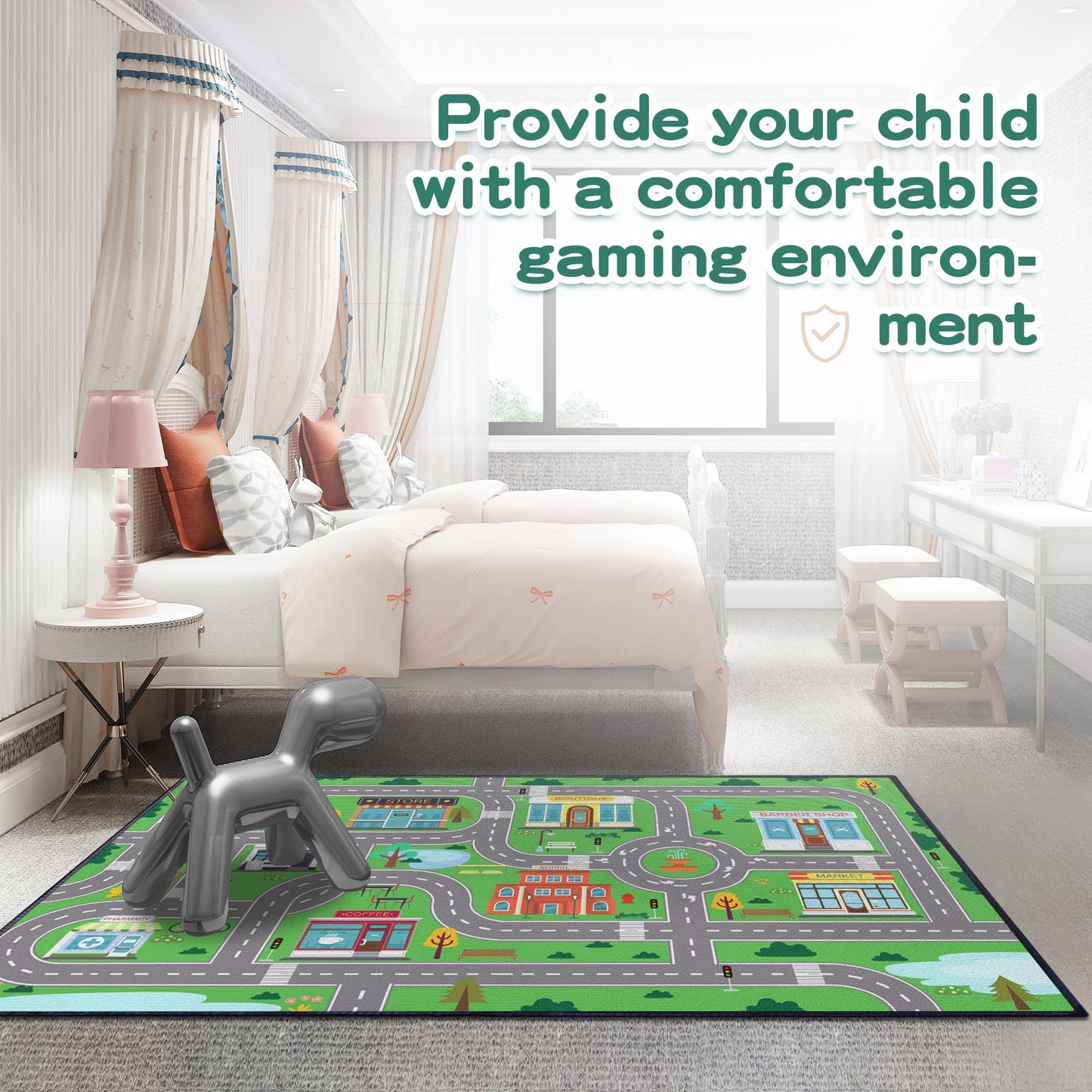 Isyorefam Play Mat for Playroom, 3x4 Fun Car Play Rug Town City Road Map Carpet for Kids Bedroom, Car Playmat Area Rugs Non-Slip Washable