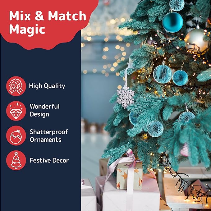 Prextex Christmas Tree Ornaments - Blue Christmas Ball Ornaments Set for Christmas, Holiday, Wreath & Party Decorations (36 pcs - Small, Medium, Large) Shatterproof