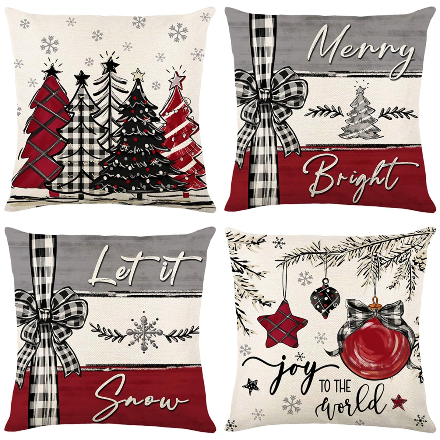 Ni-JASW Red Grey Plaid Christmas Throw Pillow Covers 18x18 inch, Farmhouse Let it Snow Tree Balls Xmas Cushion Case for Sofa Couch Set of 4