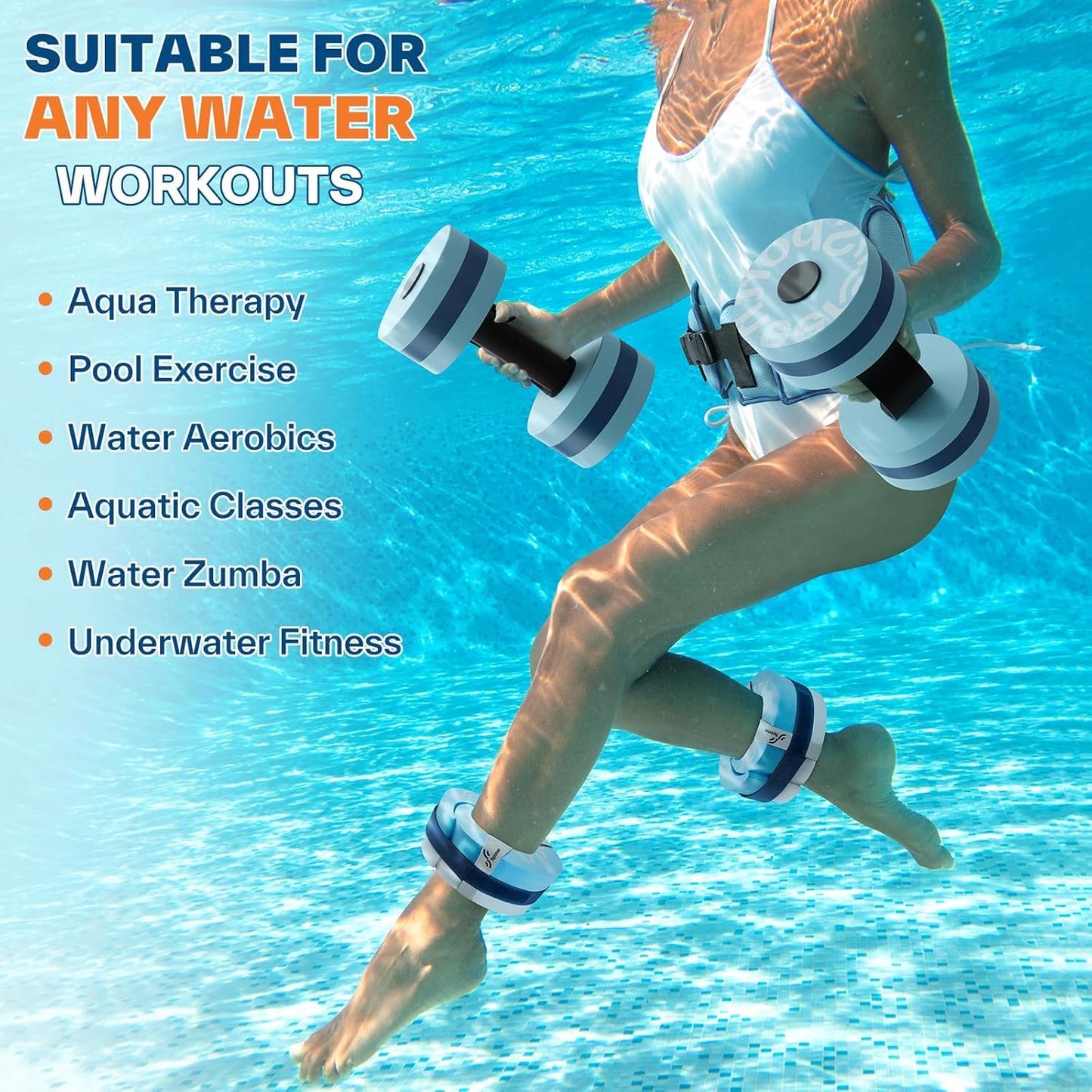 Sportneer Aquatic Exercise Equipment Water Aerobics Combo Set Includes High Density Water Weights Dumbbell Aqua Belt Foam Cuffs for Pool Exercise Aquatic Therapy Pool Fitness