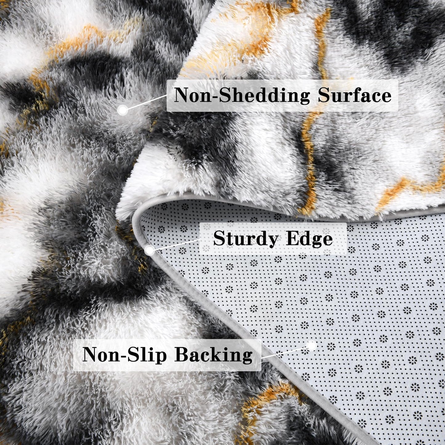 DweIke Fluffy Black White Gold Rugs for Bedroom Living Room, 4x6 Feet Soft Plush Shaggy Tie-Dyed Girls Boys Kids Rug, Upgraded Non-Slip and Machine Washable Carpet for Dorm Nursery Classroom Decor