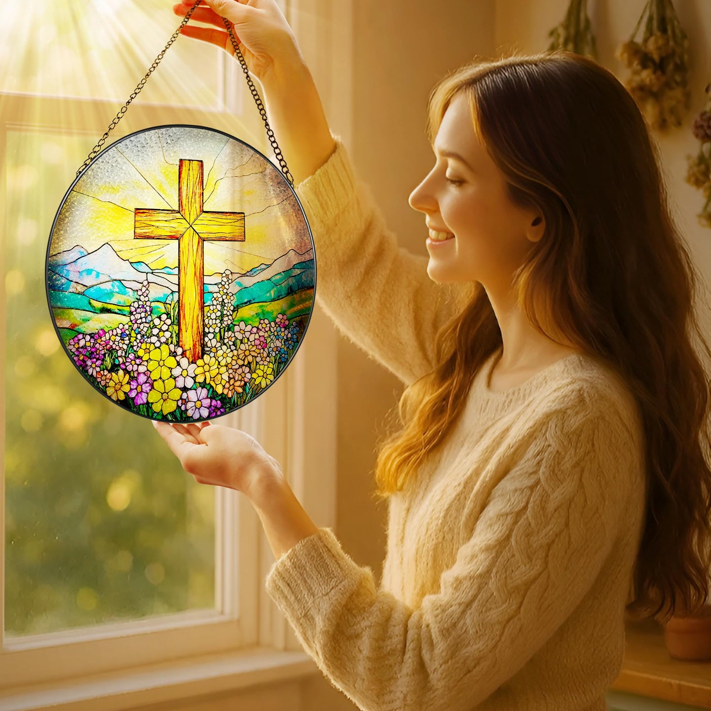 8 Inch Cross Wildflower Stained Glass Suncatcher, Christian Stained Glass Window Hanging, Religious Cross Sun Catcher, Easter Suncatcher Decor, Religious Gifts, Christian Gifts, Easter Gift