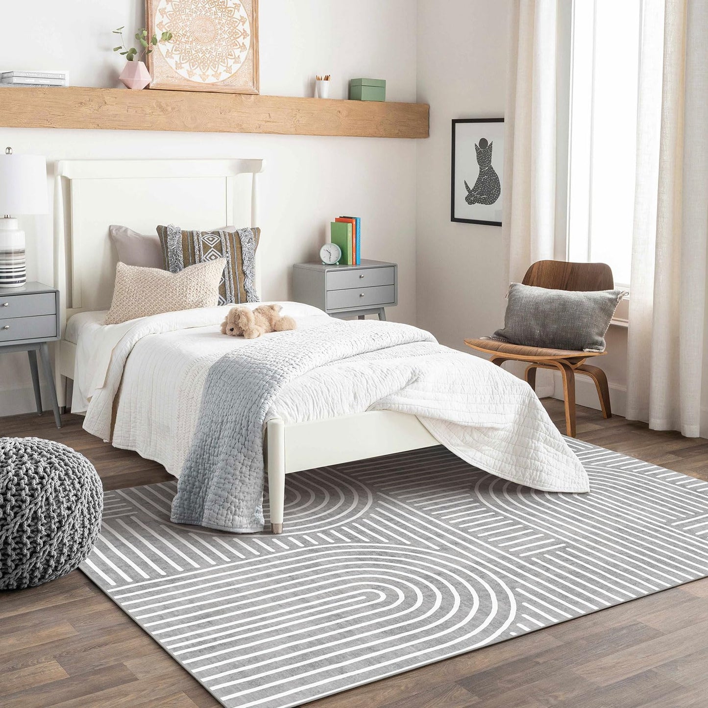LUXRUG Washable Area Rug 5x7 - Boho Living Room Rug Soft Bedroom Rug Ultra-Thin Grey Modern Abstract Rainbow Dining Room Rugs Indoor Carpet for Living Room Nursery Room