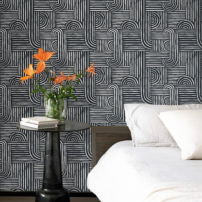 Livelynine Geometric Peel and Stick Wallpaper Black and White Modern Mid Century Geometric Abstract Wall Paper Contemporary Minimalist Lines 17.5x78.8 Geometric Pattern Contact Paper for Cabinets