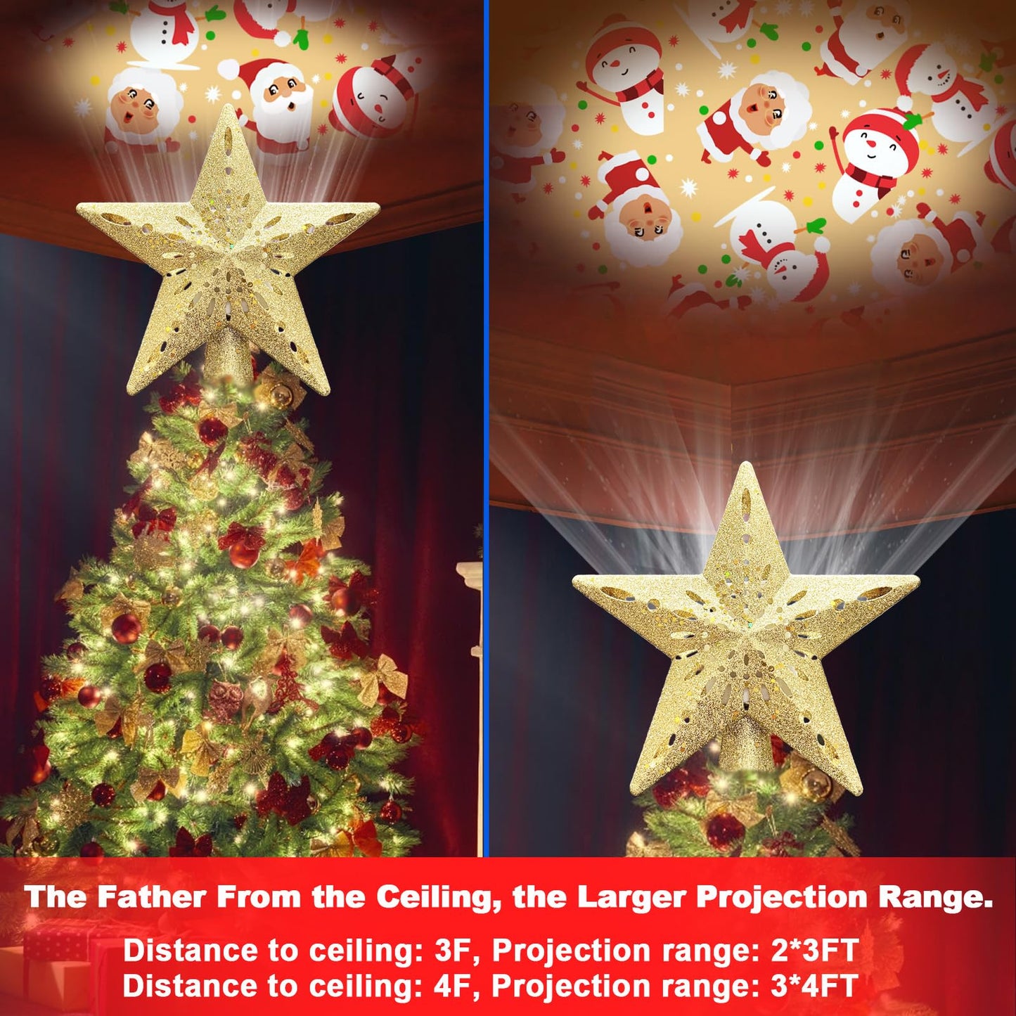 10" Christmas Tree Topper Star Lighted with 6 Projection Modes, Light Up Christmas Tree Topper Built-in LED Rotation Light, 3D Glitter Dynamic Projector Tree Top for Xmas Party Decorations Gift