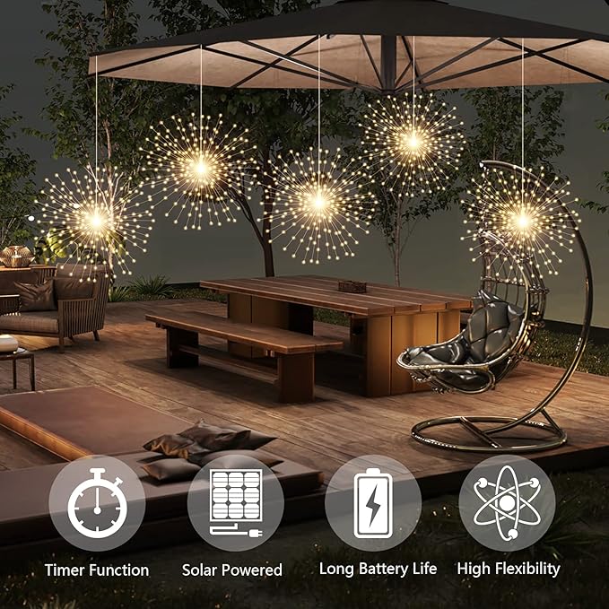 5 Pack Solar Starburst Sphere Lights, 200 LED Firework Light, 8 Modes Dimmable Waterproof Hanging Copper Wire Fairy Light for Patio Parties Halloween Christmas Decor (Warm White)