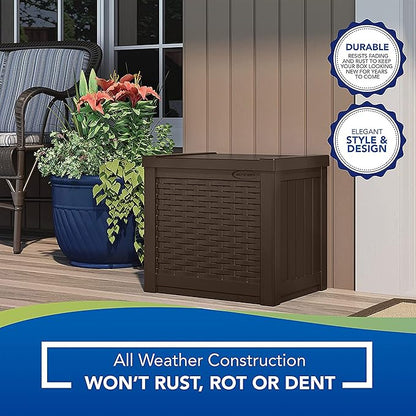 Suncast Small Outdoor Storage Box - 22 Gallon Java Resin Outdoor Deck Box, Flat-Lid Bench Seating, Patio Storage Bin Container for Organizing Toys, Tools, Cushions for Porch, Deck, Pool, & Garden