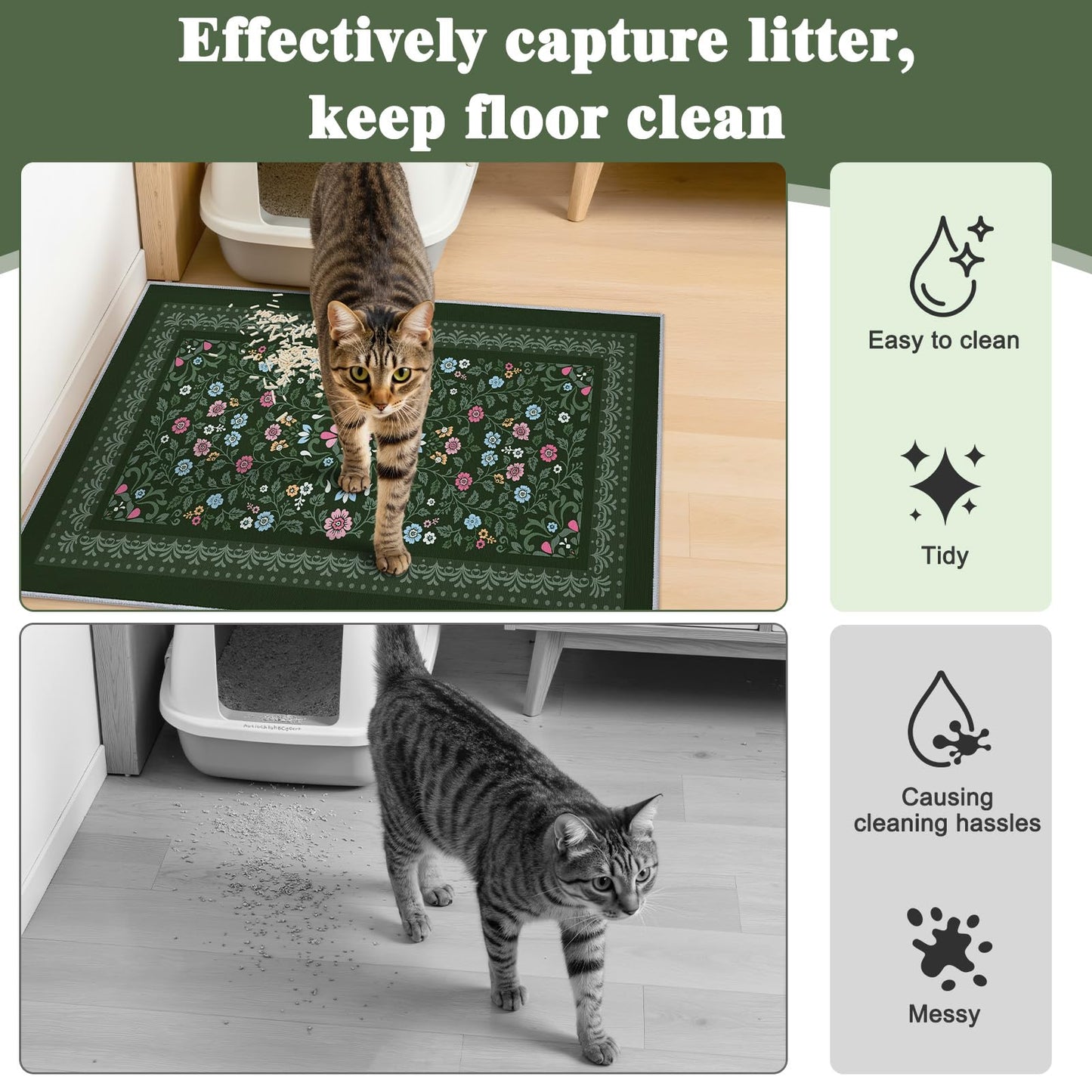 Bienbee Cat Litter Mat, 2PCS 33"x22" Machine Washable Litters Box Mats Non-Slip &Waterproof Cat Litters Trapping Mats Easy to Clean Mat for Litter Box Less Waste Protects Floors Dark Green L