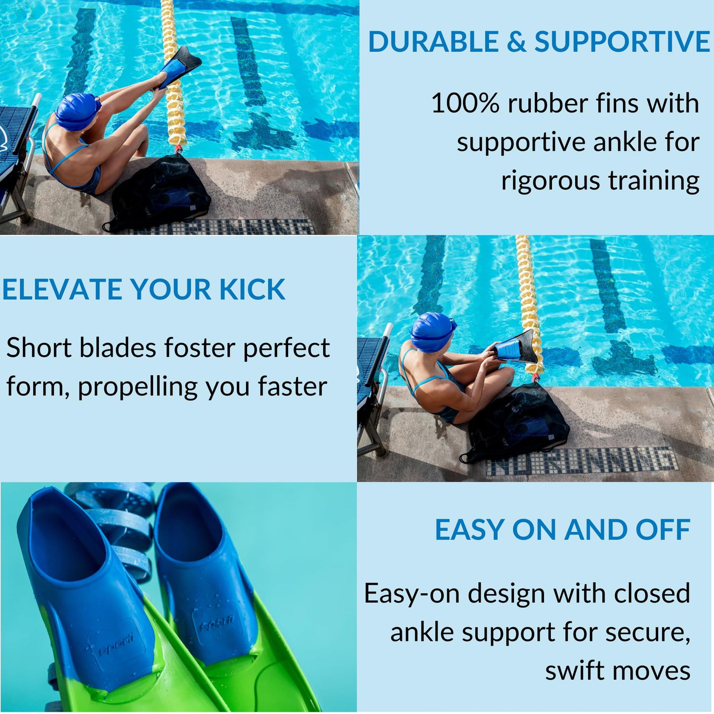 Sporti Adult-Kids Short Swim Fins, Floating Fin for Swimming & Snorkeling, Swim Flippers for Training - Lime GreenBlue - M 5-6 / W 6-7