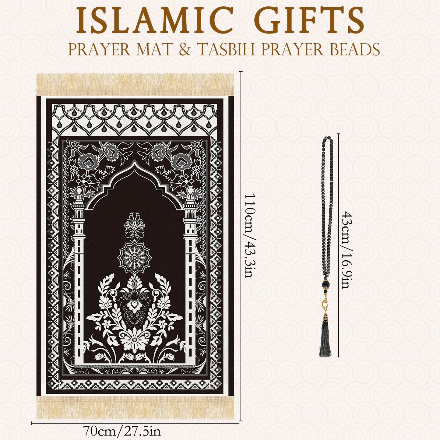 Silkovahamd Prayer Mat Ramadan Gifts - Portable Black Prayer Rug Islamic Muslim Tasbih Beads, Praying Carpet for Islamic Man Women Eid Salah Namaz Meditation Decorations for Home