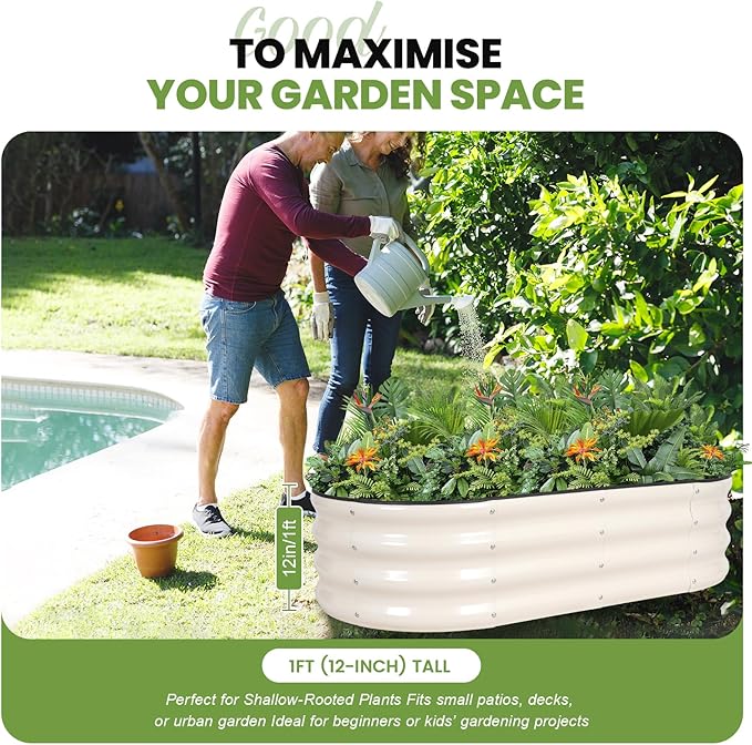 G GOOD GAIN Raised Garden Beds - 4x2x1ft Galvanized Planter Boxes Kit with Protective Tape & Gloves & Tools | Oval Metal Outdoor Raised Bed for Gardening Vegetables, Fruits, Flowers, Herbs, White