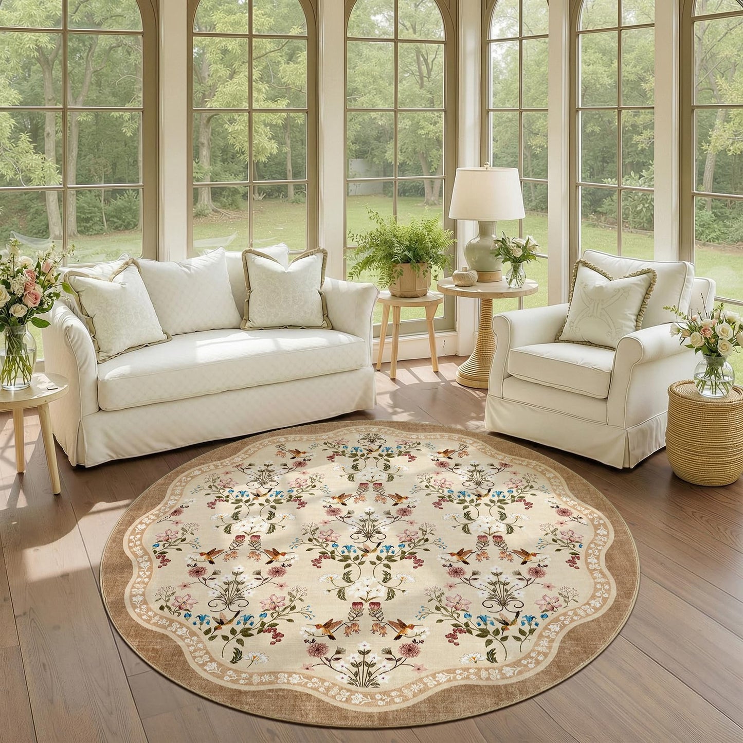 jinchan Round Rug 6ft Floral Entryway Rug Soft Washable Kitchen Oriental Non Slip Mat Low Pile Chinoiserie Lightweight Flower Throw Carpet for for Bedroom Living Room Playroom Office, Light Taupe