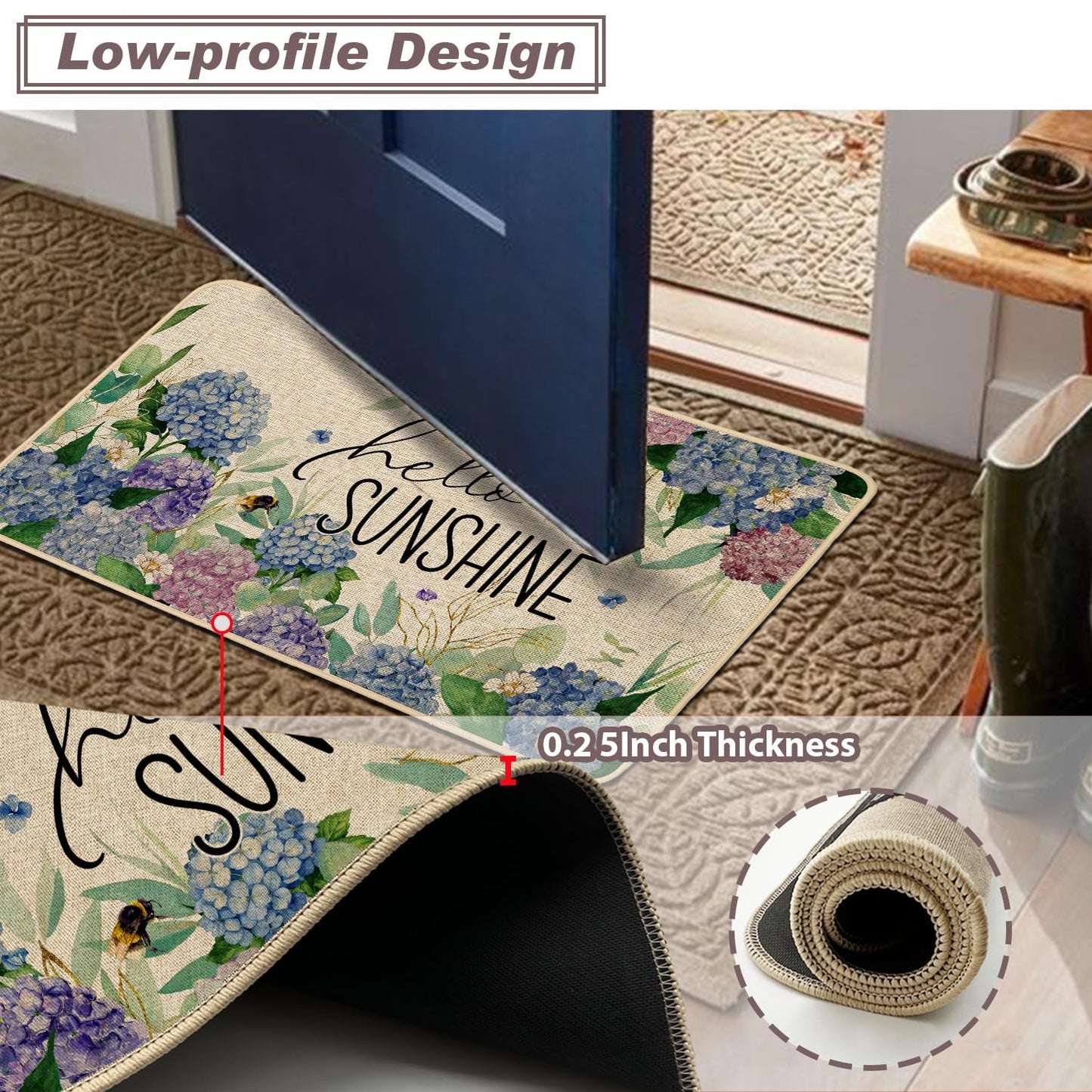 Baccessor Hydrangea Kitchen Mats Set of 2, Spring Summer Floral Bee Kitchen Rugs for Floor Non Slip Absorbent Low-Profile Seasonal Farmhouse Home Decor 17x29 and 17x47 Inch