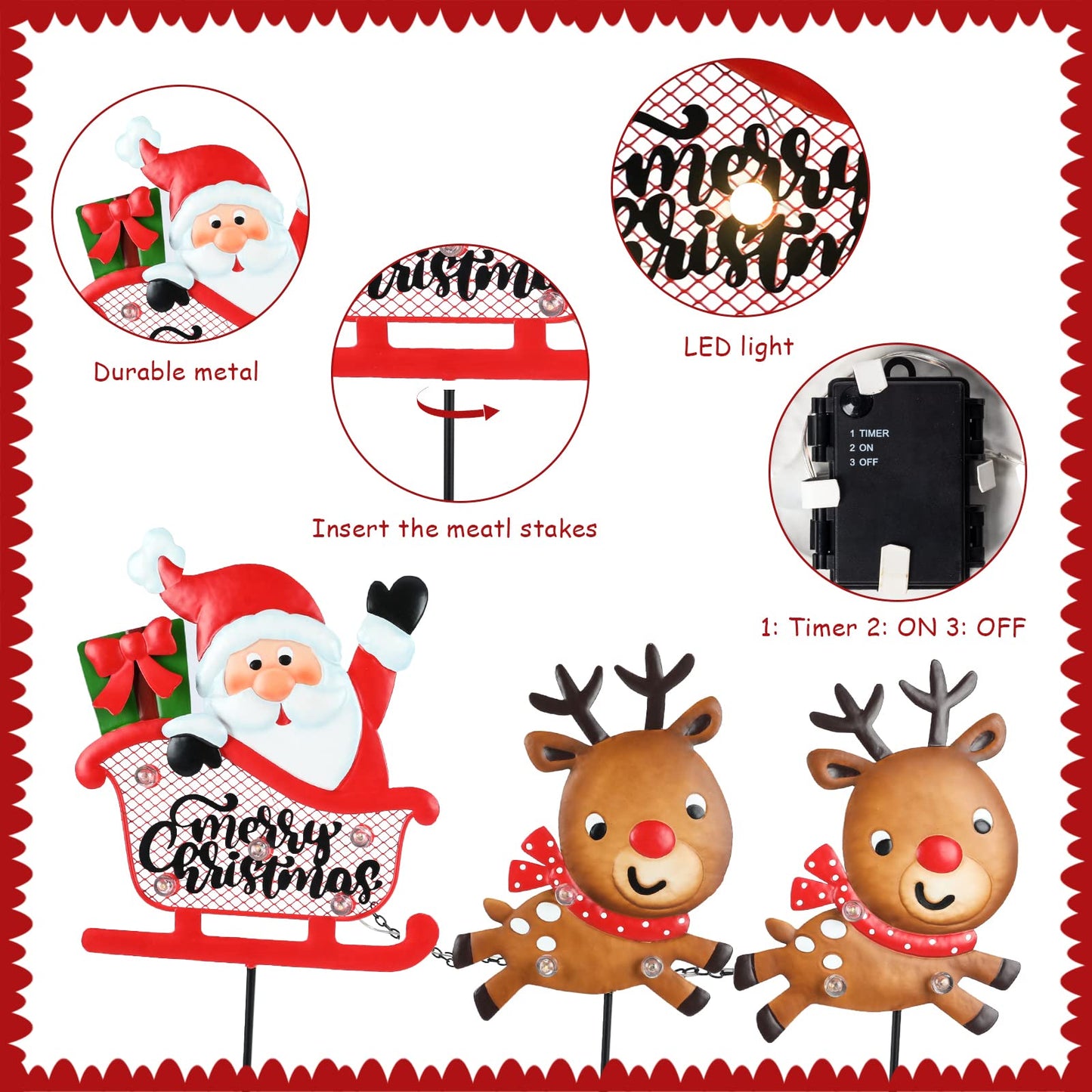 3 Pieces Christmas Decorations Outdoor Yard Sign with LED Lights Sled Lawn Sign Santa Reindeer Yard Sign with 3 Yard Stakes for Outdoor Christmas Decoration