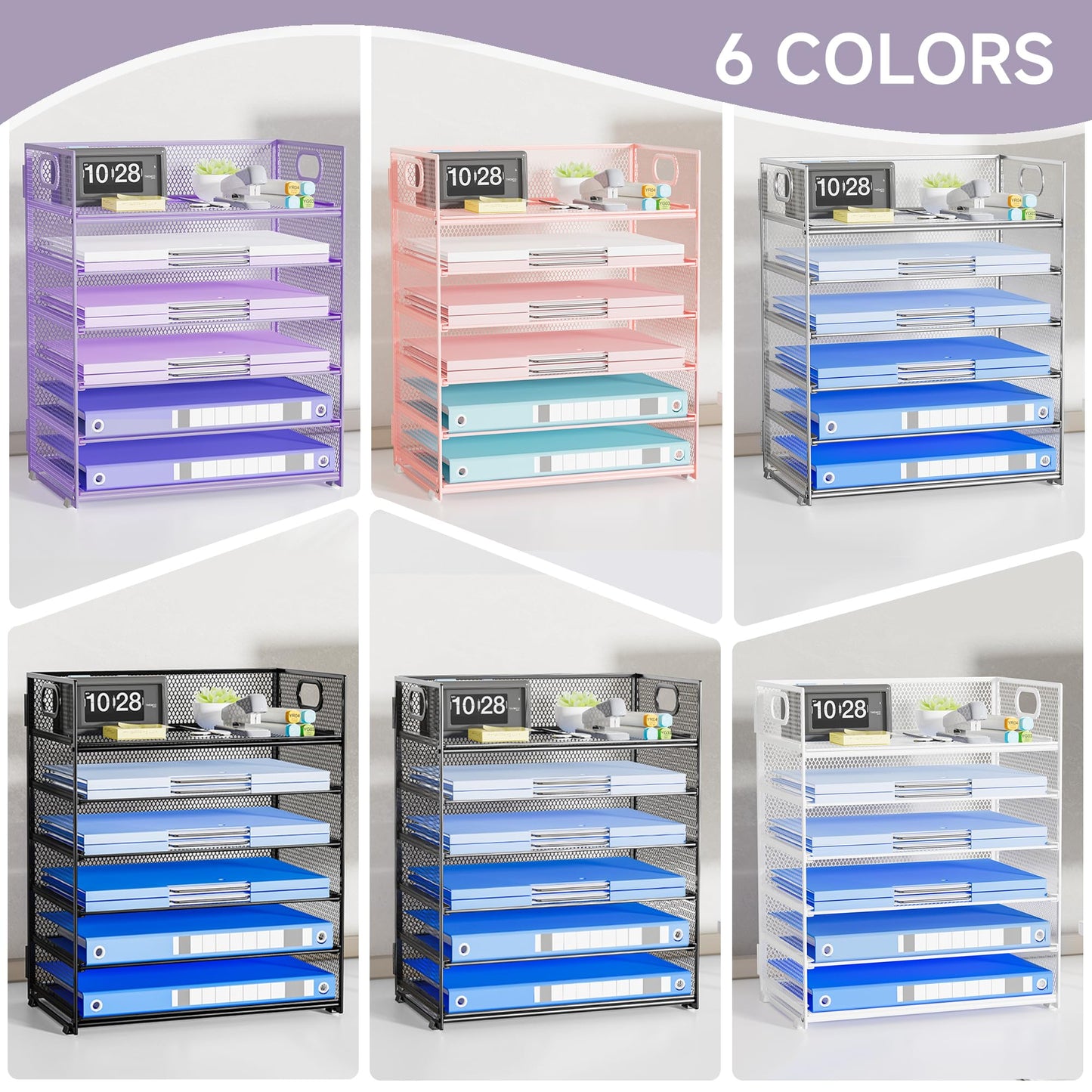 Kinkota Purple Paper Organizer for Desk with Handle, 6-Tier Metal Mesh File Organizer | Stackable Desktop Organizer for Office Supplies & Stationery Storage