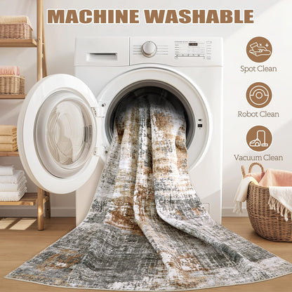 DMOYEST 5ft Round Area Rug Living Room Rugs - 5x5 Washable Large Soft Indoor Neutral Modern Abstract Low Pile Rug Carpet for Bedroom Dining Room Farmhouse Home Office - Grey Brown