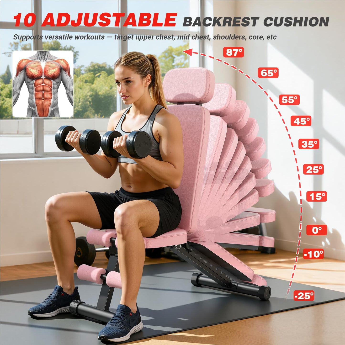 XDDIAS Workout Bench, 10 Backrests Adjustable Weight Bench with Extended Headrest, 800LBS Foldable Weight Bench for Home Gym, Incline Decline Flat Bench Compact for Small Space Training, Pink