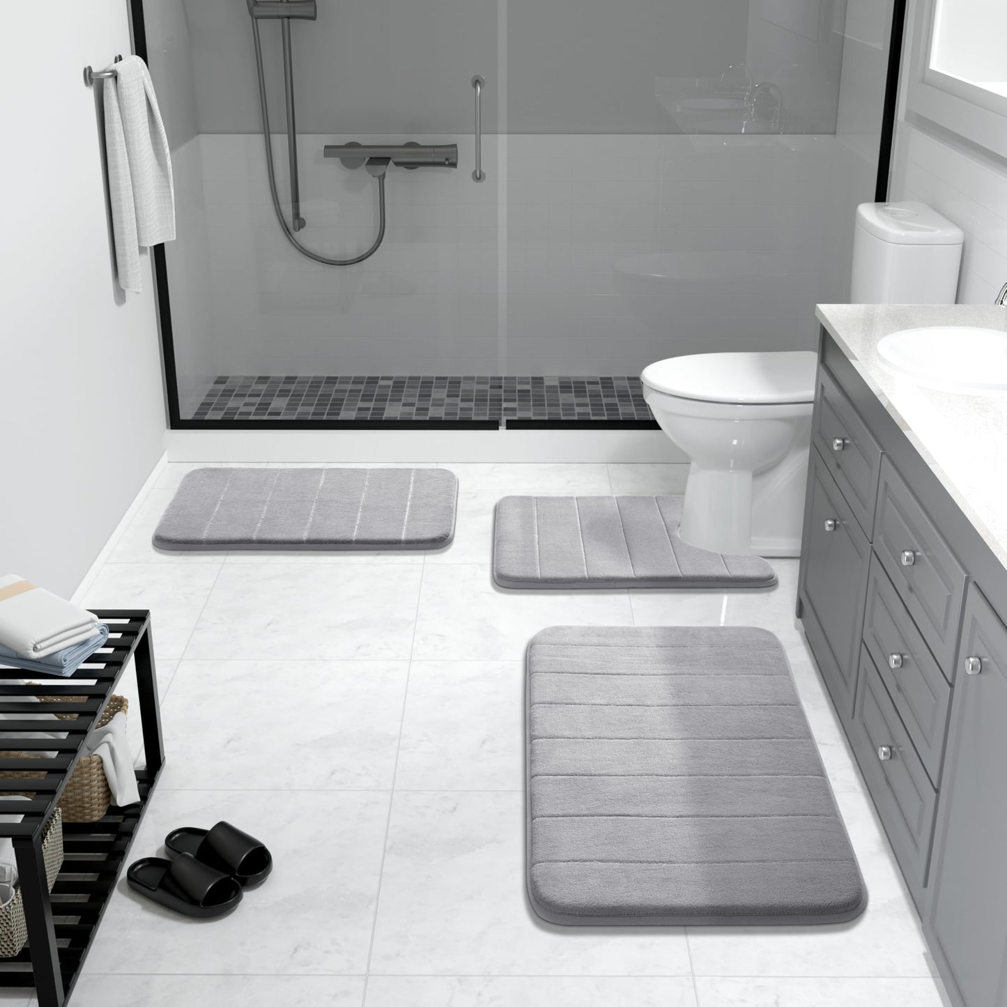 Yimobra Memory Foam Bath Mat, Super Soft Absorbent Bathroom Rug Non Slip 31.5x20 Inch, Quick Dry, Machine Washable Floor Carpet for Tub Shower, Home Decor Accessories, Gray