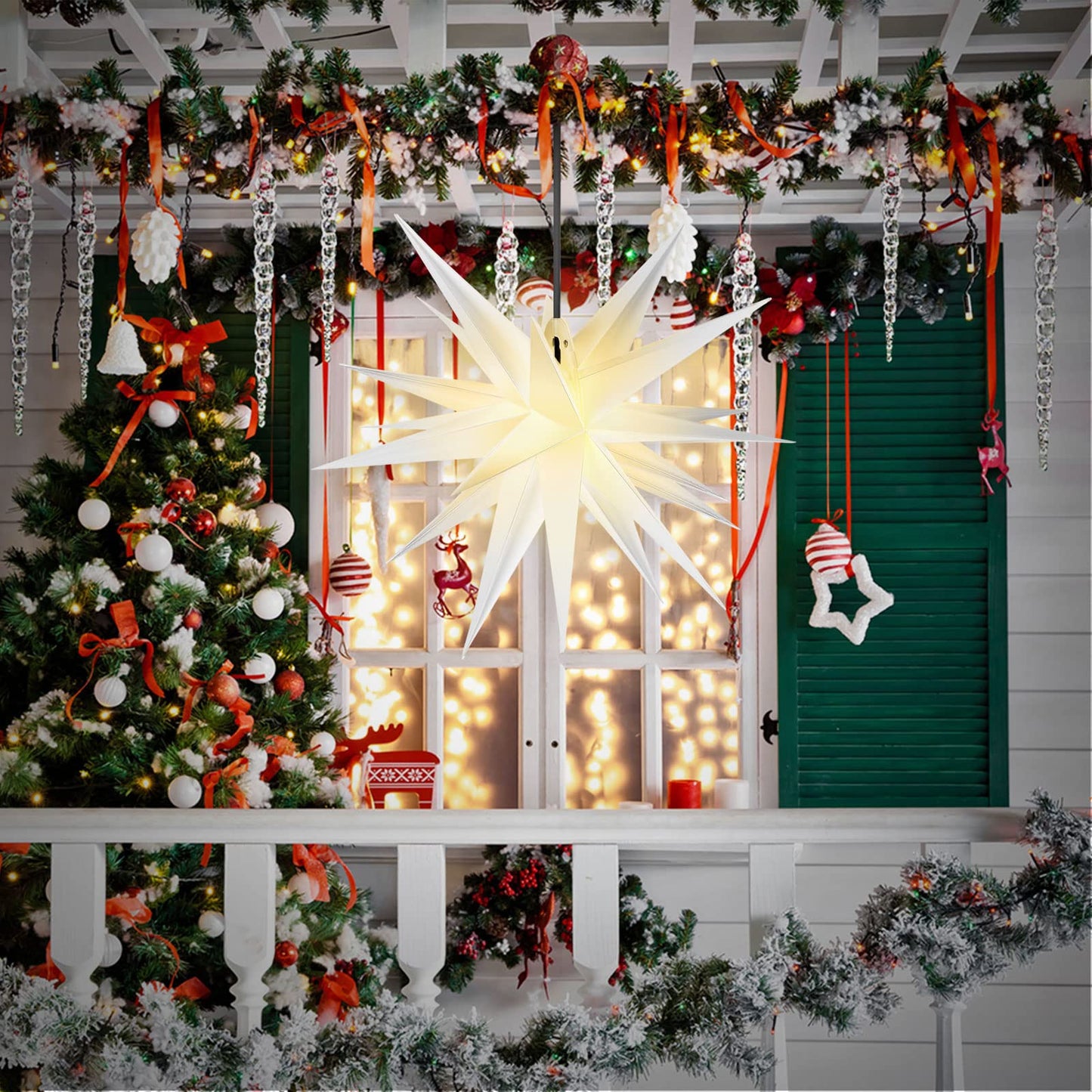 Riakrum Moravian Star Tree Topper Christmas Tree Decor Advent Star Hanging Outdoor Christmas Light Hanging Xmas Treetop for Holiday Decor(White,21 Inch)