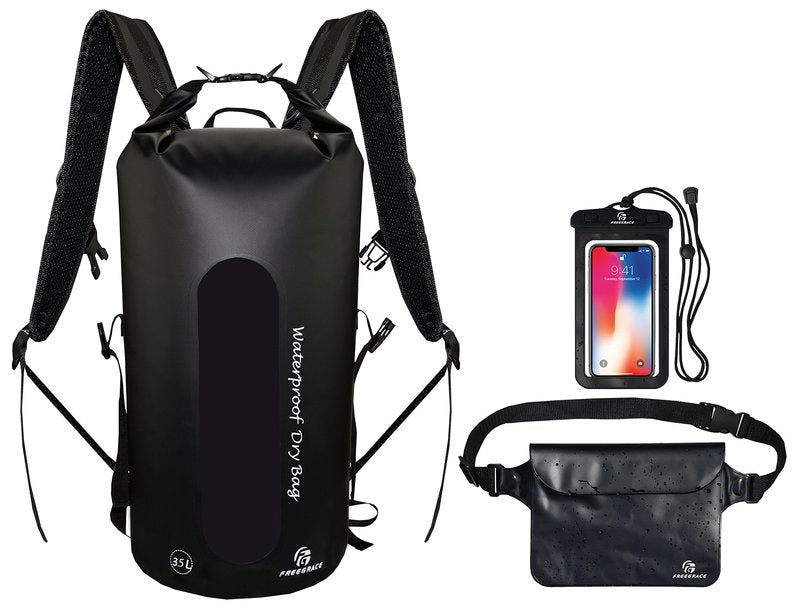 Freegrace Waterproof Dry Bag Set of 3 - Submersible Dry Sack with Double Zip Lock Seals - Includes Waist Pouch & Phone Case - Perfect for Kayaking, Swimming, Boating & Rafting (Window, Black, 35L)