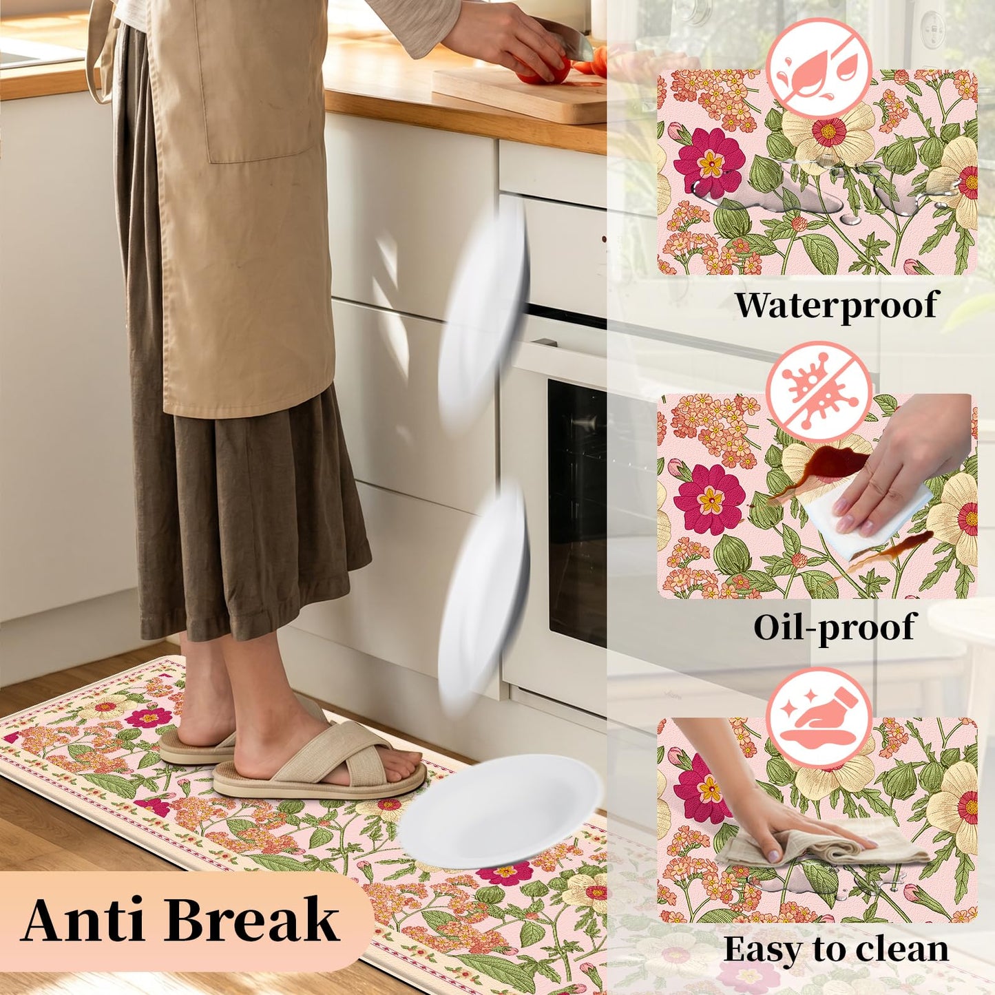 CHICNOOK Non-Slip Kitchen Mats, PVC Anti-Fatigue Kitchen Rugs Set of 2, Floral Runner Rugs for Kitchen Sink Area, Office, Hallway, Laundry, Entryway, Bedroom, 18x30,18x48 Inch,Pink