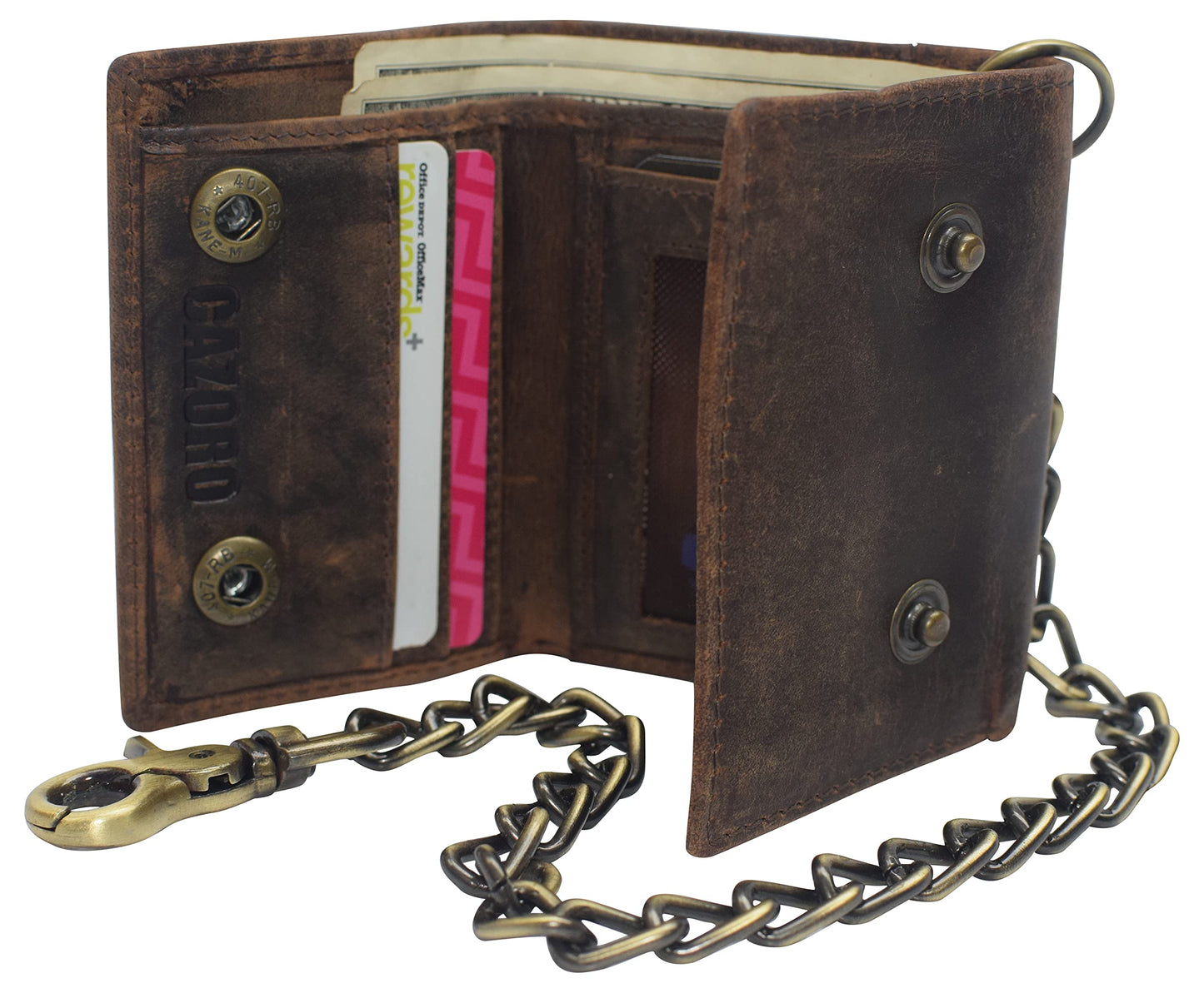 Men's RFID Blocking Trifold Vintage Leather Biker Chain Wallet With Snap Closure (Brown)