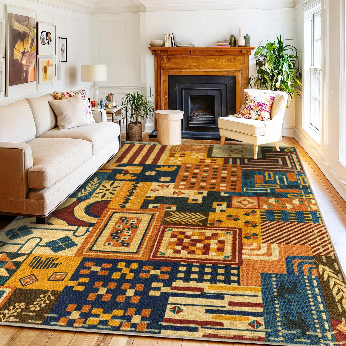 Quntue Washable Boho Easy Jute Area Rug for Living Room, 5x7 Farmhouse Patchwork Patio Rugs, Non Slip Southwestern Tan Indoor Outdoor Carpet for Balcony, Dining, Bedroom, Office, Balcony