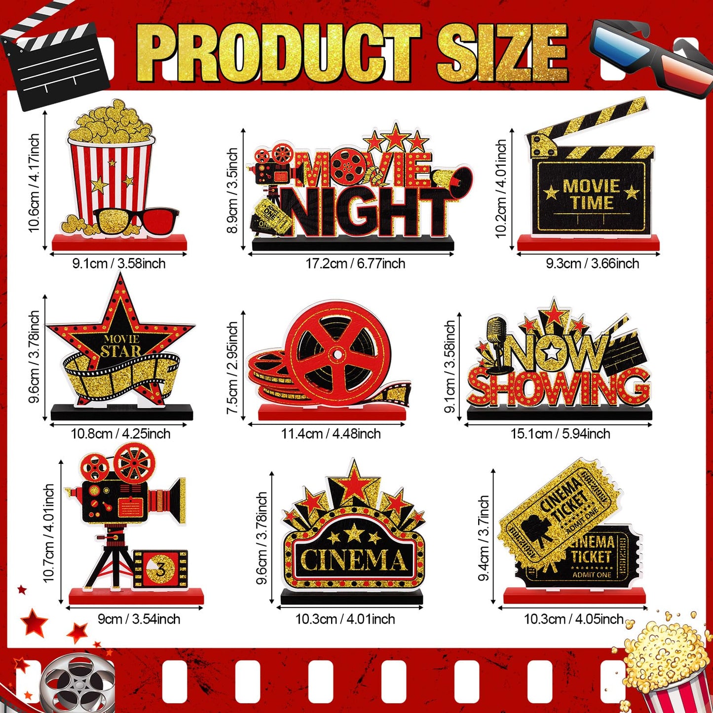 Blosssound 9 Pcs Movie Night Party Decorations Movie Theme Wooden Table Centerpieces Theater Now Showing Table Sign Cinema Popcorn Star Tabletop Decor for Home Film Birthday Party Supplies