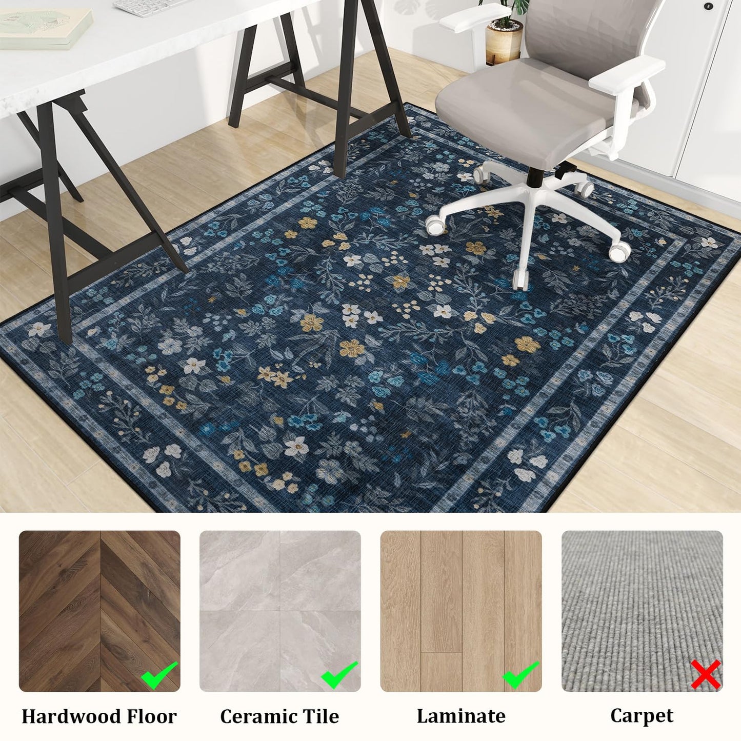 chakme Office Chair Mat for Hardwood Floor, 72"x48" Easy Glide Computer Desk Mat Protector for Rolling Chair Under Desk Rug Nonslip Backing, Machine Wash, (Floral)