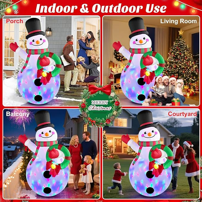 Christmas Inflatables Decorations Outdoor Blow Up Yard Snowman Rotating Led Lights, 8 Ft Tall Funny Large Merry Xmas Blowup Snow Man Outside Figures Vacation Front Lawn Holiday Winter Big Decor