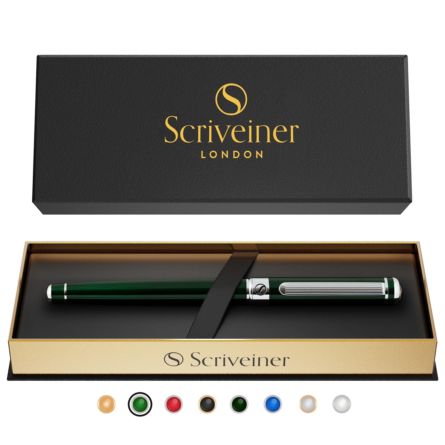 Scriveiner British Racing Green Rollerball - Stunning Luxury Pen With Chrome Finish, Schmidt Ink Refill, Best Roller Ball Pen Gift Set for Men & Women, Professional, Executive Office, Nice Pens