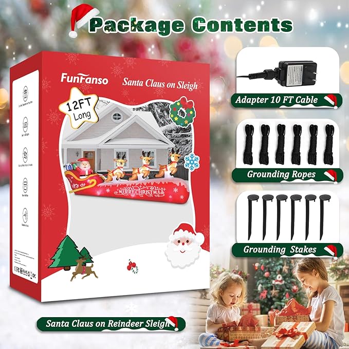 FunFanso 12FT Christmas Inflatable Santa Claus on Sleigh with 3 Reindeers Outdoor Decorations, Giant Christmas Blow Up Yard Decorations with Bright LED Lights for Lawn Street Garden Xmas Holiday Party
