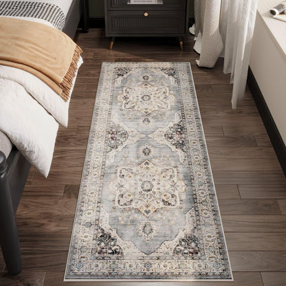 Rugcomf Vintage Medallion Kitchen Rugs Non Slip Washable 2'7"x8' - Low Pile Runner Rug, Boho Carpet for Hallways, Laundry, Bedroom, Bathroom - Grey and White