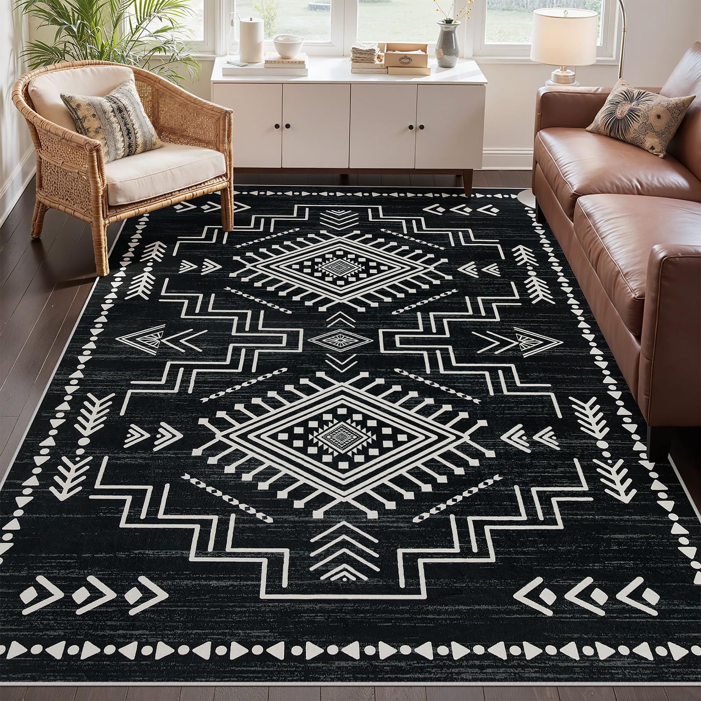Joydeco Moroccan 5x7 Western Black and White Rugs for Living Room, Washable Soft Aztec Rug for Bedroom, Low Pile Distressed Modern Carpet for Dining Room Playroom Office Home Decor