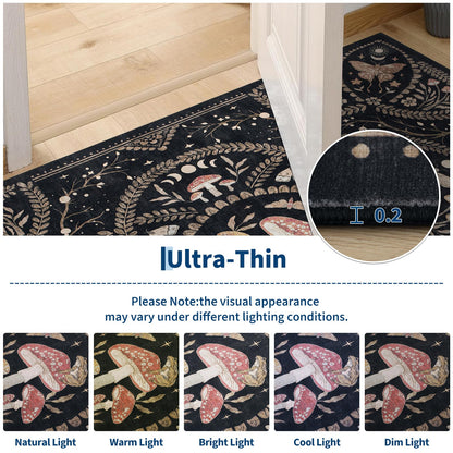 Garvee Mushroom 5x7 Area Rugs for Living Room, Dark Academia Gothic Rug, Non Slip Animal Print Washable Rugs 5x7 Low Pile Bedroom Decor Bug Carpet with Rubber for Playroom Dining Room Office, Black