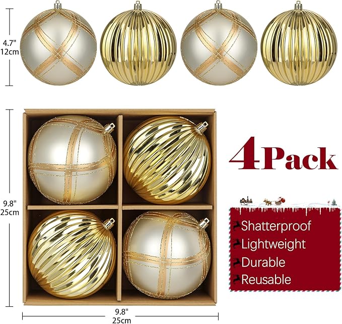 4.7" Large Plastic Christmas Balls Ornaments Set of 4, Glitter Shatterproof Christmas Bulbs Ornaments for Xmas Tree Decorations, Gold and Silver Ornament for Tree, Mantel, Winter, Holiday Party Decor