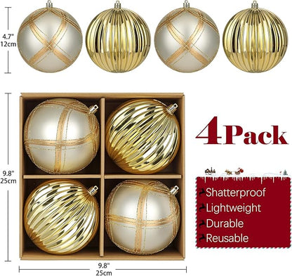 4.7" Large Plastic Christmas Balls Ornaments Set of 4, Glitter Shatterproof Christmas Bulbs Ornaments for Xmas Tree Decorations, Gold and Silver Ornament for Tree, Mantel, Winter, Holiday Party Decor