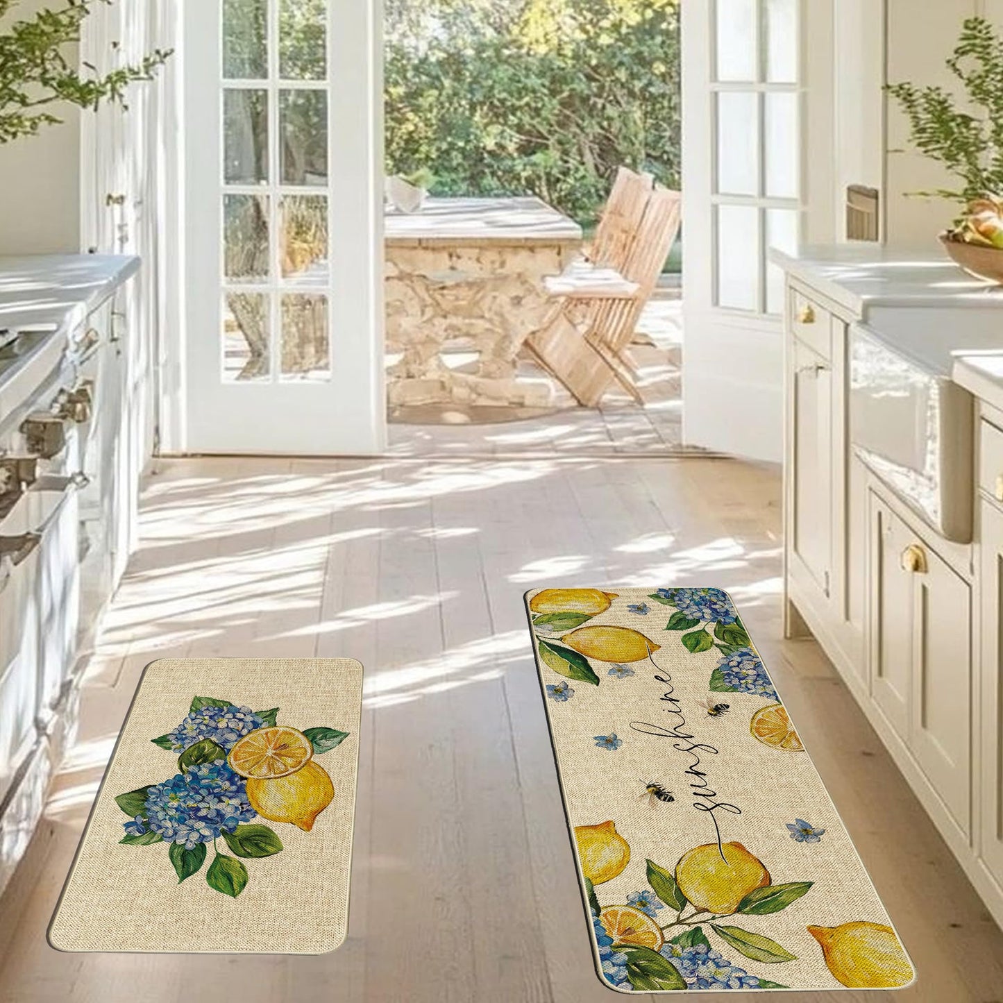 Tikeciti Summer Lemon Kitchen Mats Set of 2, Almafi Italy Blue Hydrangea Kitchen Rugs Sunshine Bee Floor Rug Non-Slip Low Profile Mat Seasonal Farmhouse Home Decor 17x29 and 17x47 Inch